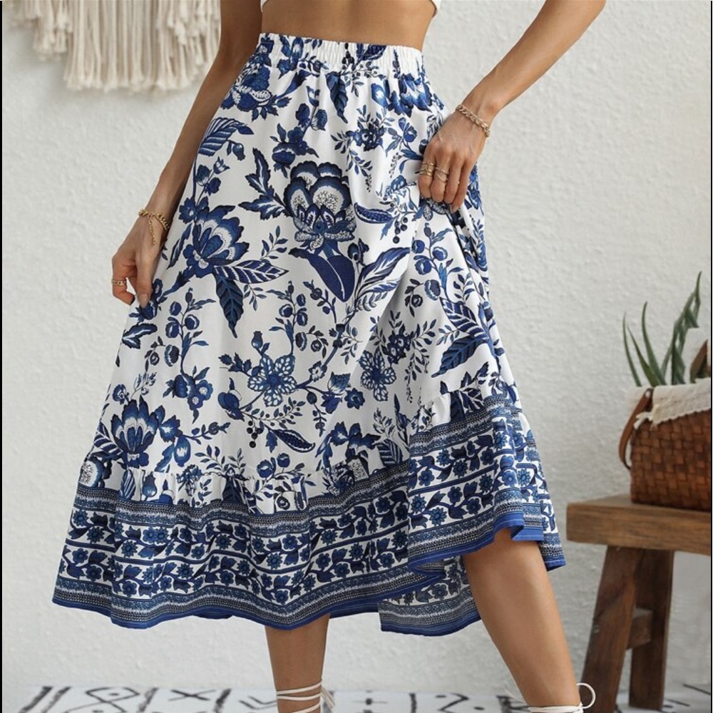 Boho Floral Print High Waist Maxi Skirt White Blue Cottagecore - Picture 4 of 6
